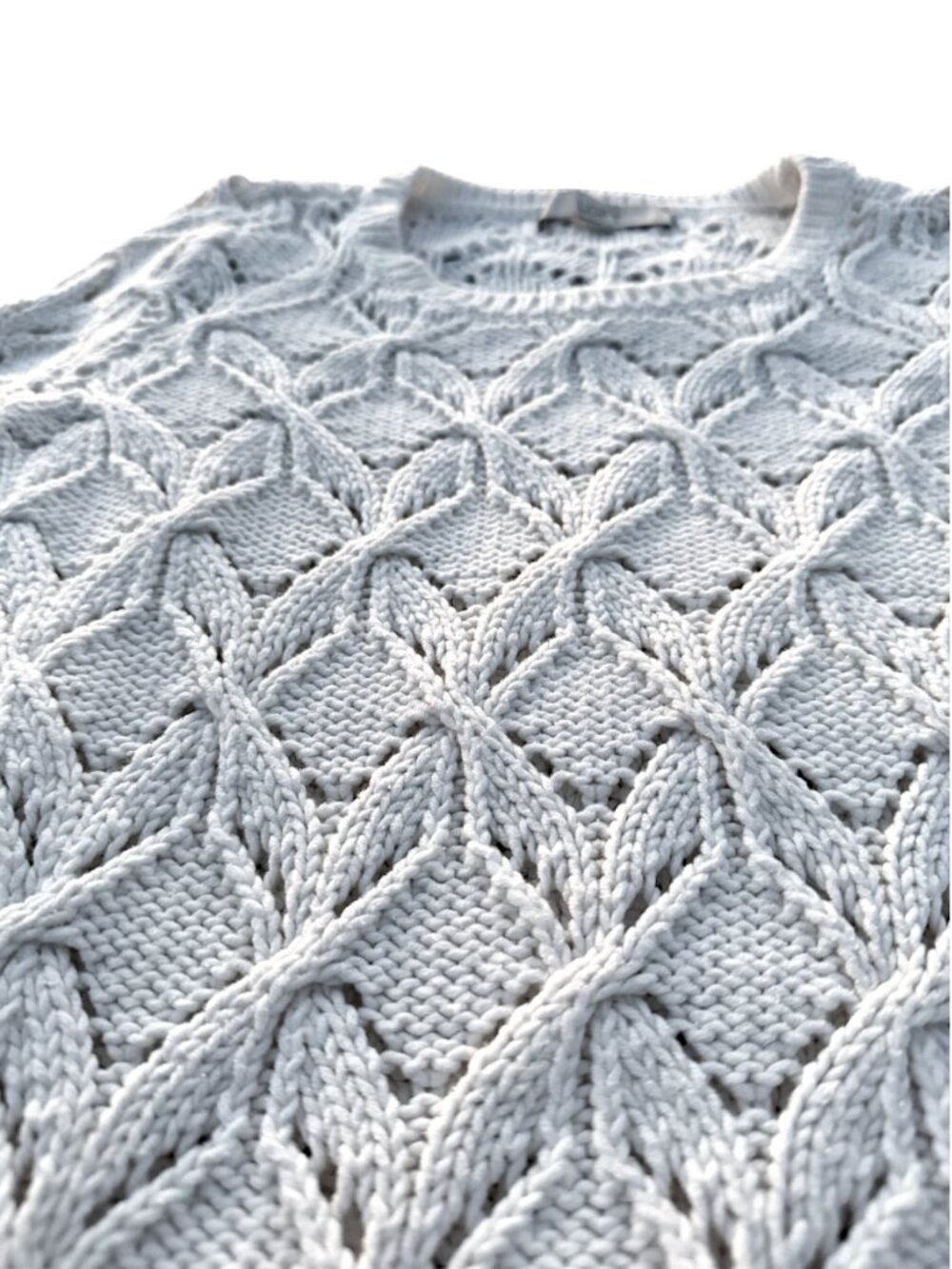 LOFT Cream Cable Knit Openwork Pointelle Sweater Off White Crew Neck - Picture 10 of 16